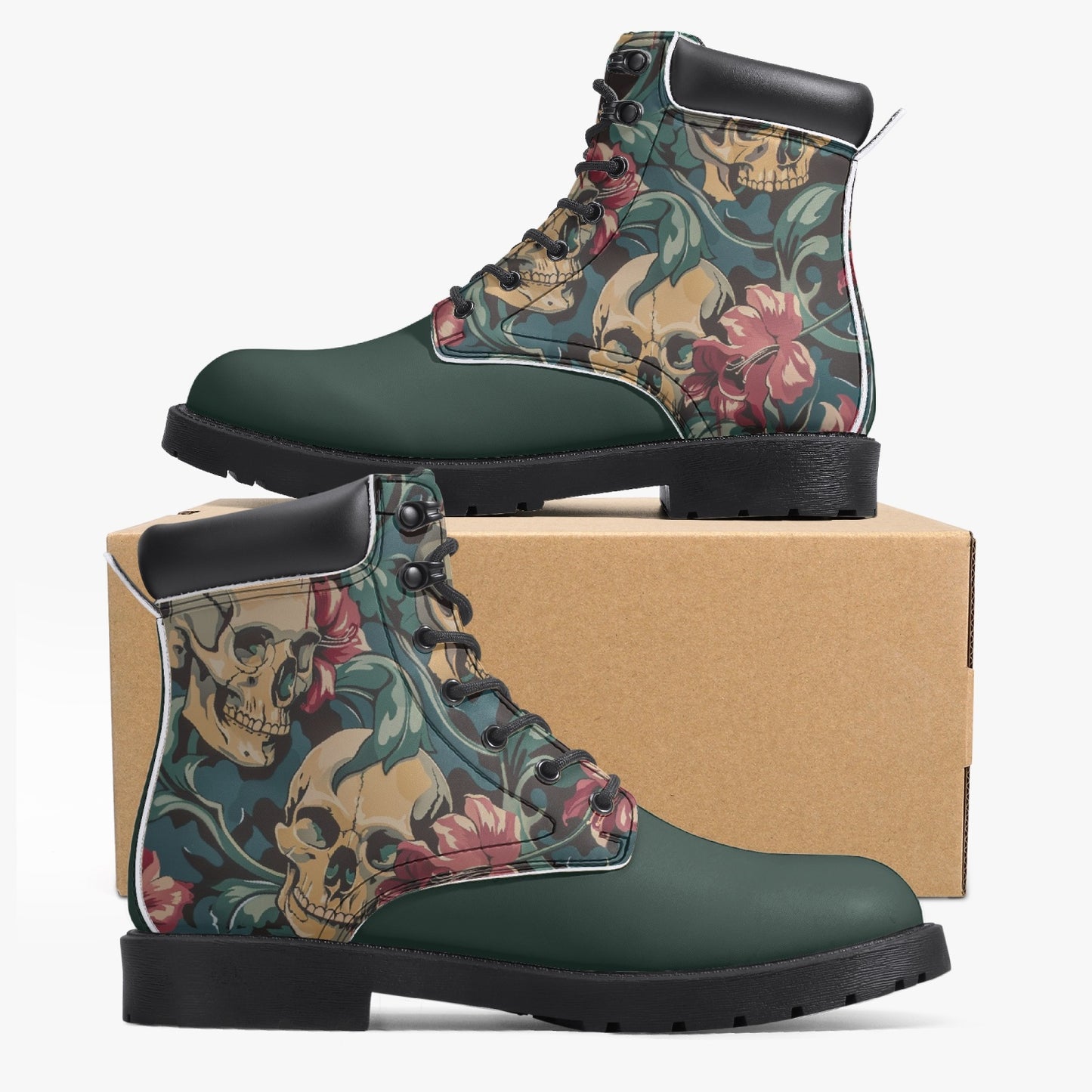 Floral Skull Leather Boots