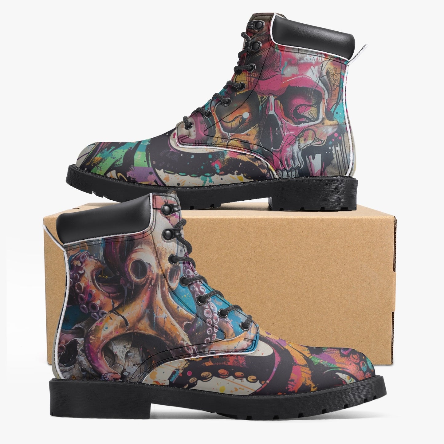 Edgy Octopus & Skull Leather Boots